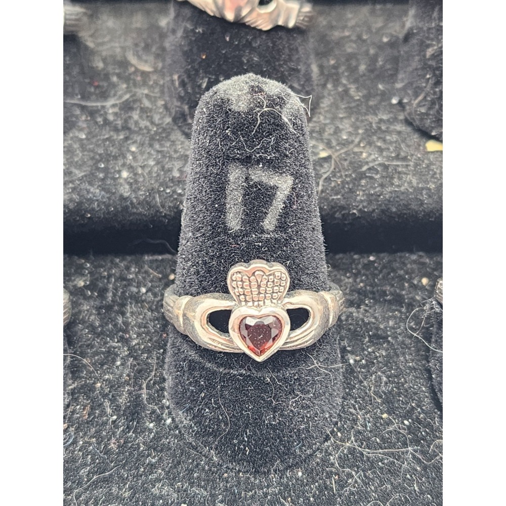 Vintage Sterling Silver Irish Claddagh Ring Size 8- Garnet